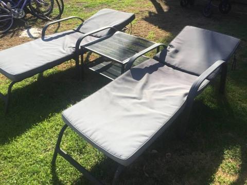 2 Grey Aluminium Sun Loungers with Cushions