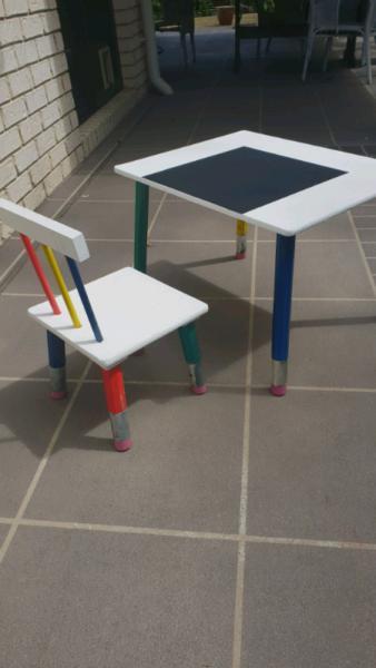 Kids/childrens Drawing table and chair. Pencil legs chalkboard vi