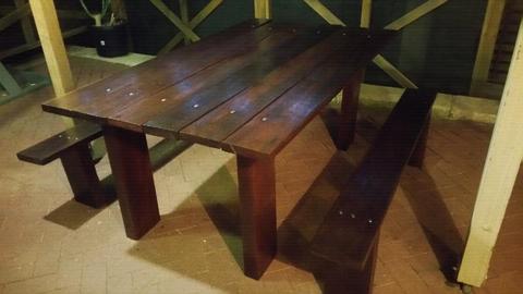 HAND MADE SOLID TABLE AND BENCH SEATS VERY HEAVY