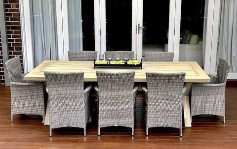 WICKER OUTDOOR DINING SETTING,8SEATS,ACACIAWOOD,WICKERCHAIRS EX D