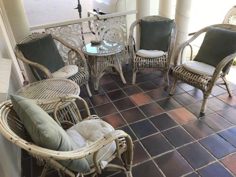 4 Cane Chairs & 2 Matching Cane Tables