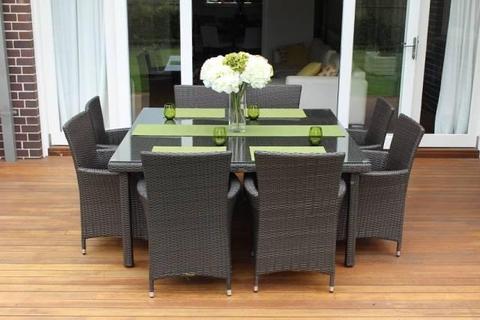 WICKER DINING SETTING, 8 SEAT SQUARE, B/NEW,EUROPEAN STYLING