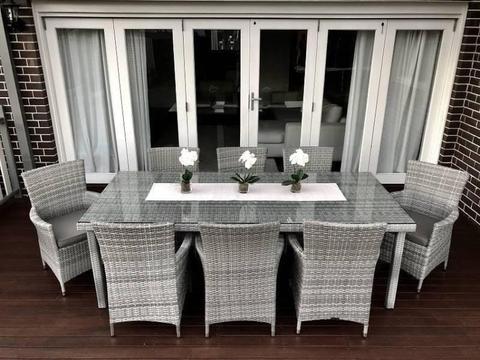 WICKER DINING SETTING,8 SEATER,STUNNING EUROPEAN STYLE,AGED GREY