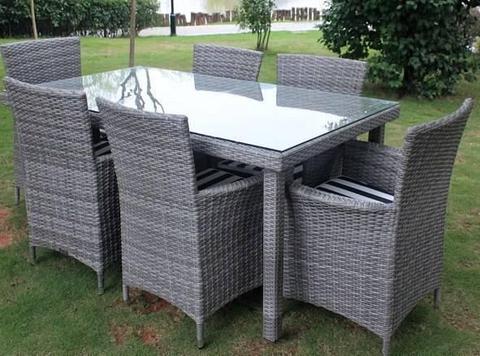 WICKER DINING SETTING,6 SEATER,AGED GREY, EUROPEAN STYLING,B/NEW