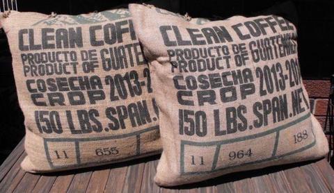 2 LARGE CUSHIONS WITH NEW HESSIAN BAG COVERS