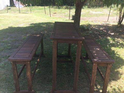 Outdoor solid wood bar and bench 3 piece setting