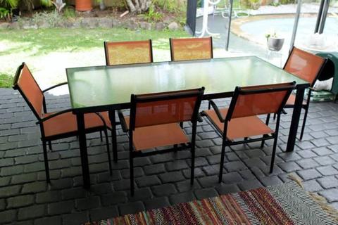 Outdoor Dining Table, Glass Top, 6 Chairs Armchairs