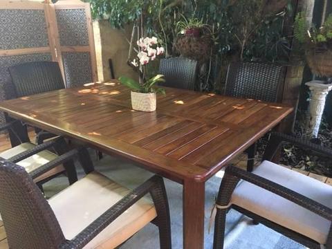 Outdoor dining setting: Solid Jarrah table & set 6 wicker chairs