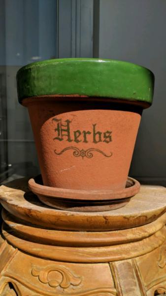 Terracotta pot and saucer-' Herbs' with bottle green trim