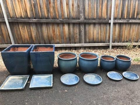 6 blue glazed terracotta garden pots