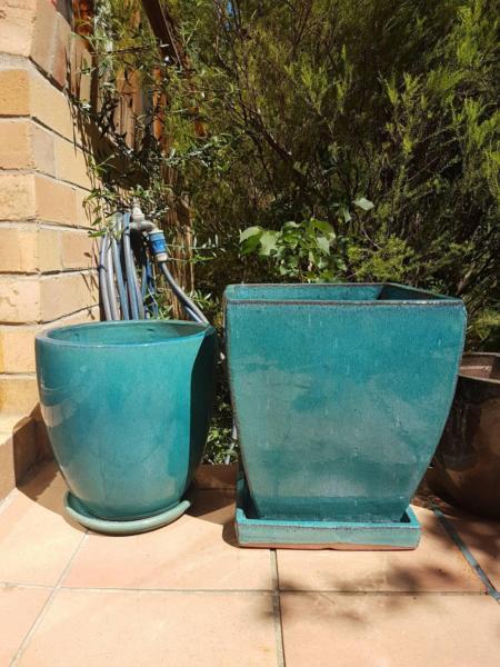 Blue-green glazed ceramic garden pots