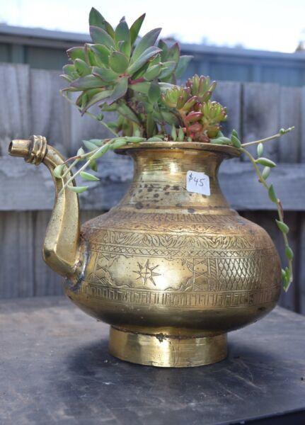 SUCCULENTS PLANTED IN A BRASS TEAPOT