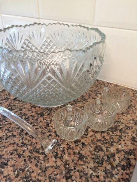 1960s heavy cut glass faux crystal punch bowl