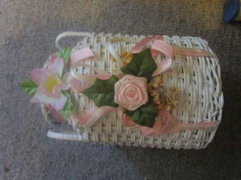 Small Round White Basket With Flowers (Like New)