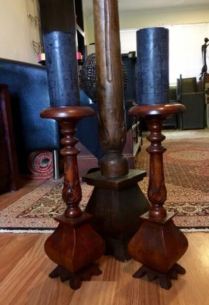 Balinese hand made SOLID wooden candle stands x3 EX COND