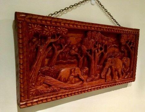 Solid wood detailed hand carved 3D INDIAN elephant jungle trees
