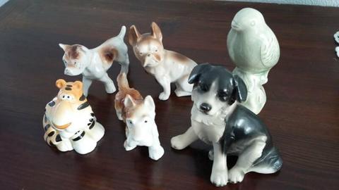 Porcelain Ceramic (6) Animal Ornaments-Dogs, Bird, Tiger