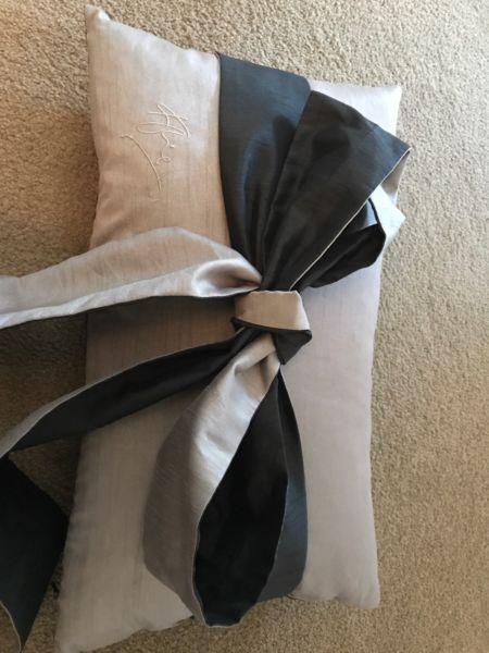 Silver black silk bow cushion