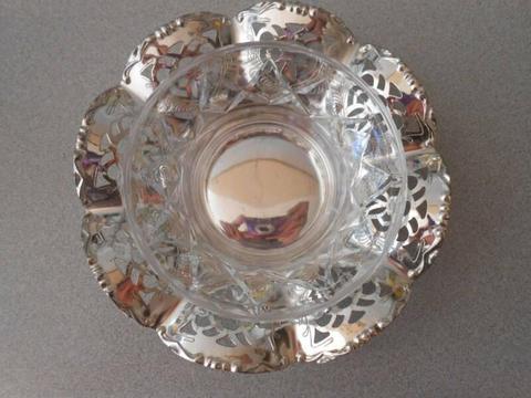 Retro vintage ornate 2 piece sweets dish silverplate and glass