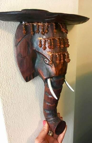 INDIAN wall mountable hand made wooden ELEPHANT head shelf