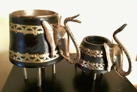 Pair of black wooden and metal INDIAN elephant candle holders