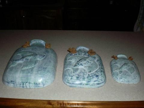 3 X POTTERY GREENY BLUE BOTTLED SHAPED FISH WALL PLAQUES