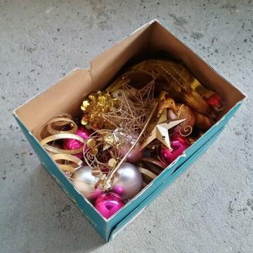 Christmas decorations in a box X'mass Trimmings etc