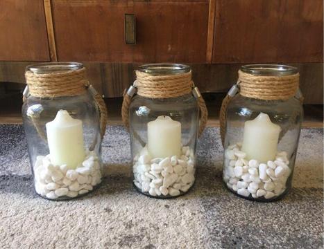 Rope Glass Jars with rocks and candles x 3
