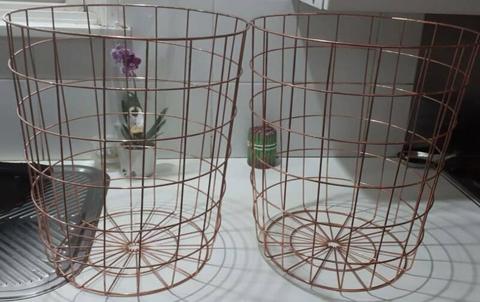 2 Copper/Rose Gold plated coloured steel basket 40cm h 35diameter