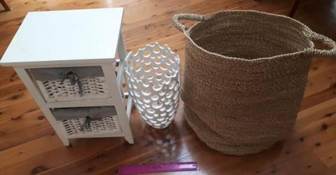Hamptons style 3 items hessian basket 2 drawer cab, candle holder