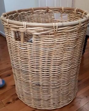 2 cane baskets.Large round 55cm diam. 63cm tall. Rectangle 28x38