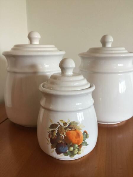 White porcelain kitchen canisters set of 3 with fruit print