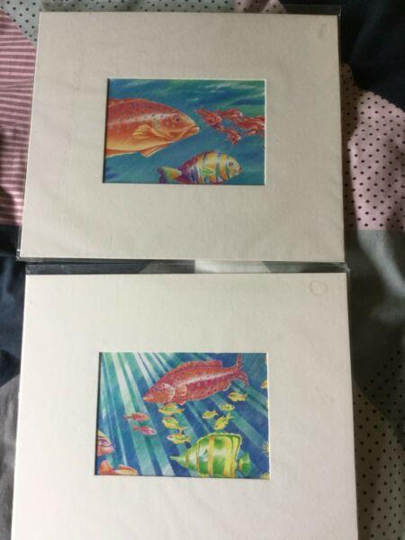 2 mounted fish prints