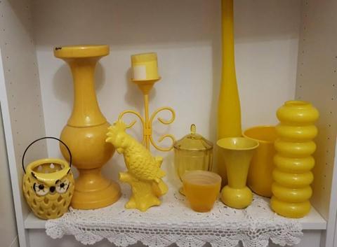 Yellow vases, candle holder, decorative items
