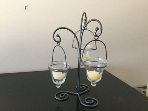 Wrought iron and glass decorative hanging triple candle holder