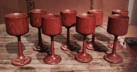 Set of turned cedar sherry / tea light candle holders