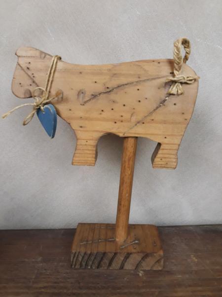 Rustic Wooden Cow Statue