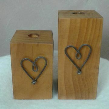 Wooden Block Candlestick Holders With Hearts