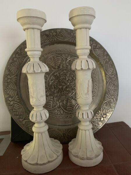 Hand carved / painted wooden shabby candelabra