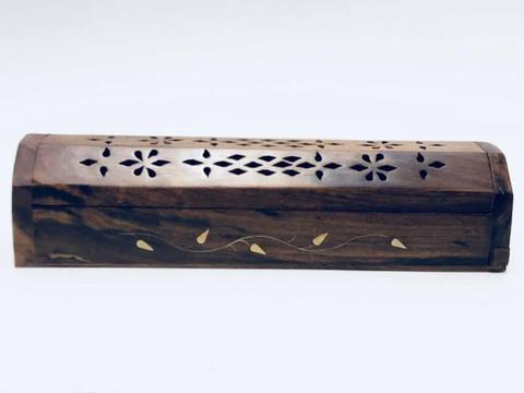Incense Burner hand carved Rosewood Brass Vines Inlay