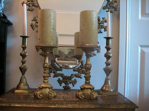 WOW PAIR ORNATE GOLD ABACUS CANDLESTICKS & GOLD BLING CANDLES