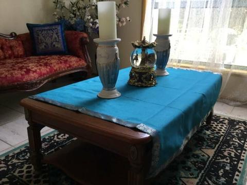 Coffee Table Cover - Sky Blue with Gold pattern border fine sari