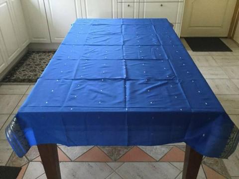 Table Cloth - Royal Blue with Gold Trim and Pattern Rectangular
