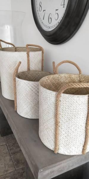 BASKETS CANE WHITE WASHED WITH ROPE DETAIL AND HANDLES 