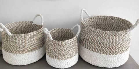 BASKETS WOVEN CANE WITH HANDLES 2 TONED WHITE 