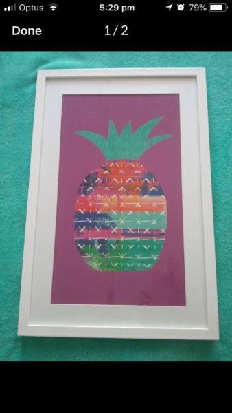 Funky Glass Framed Pineapple Print! 60cm by 40cm