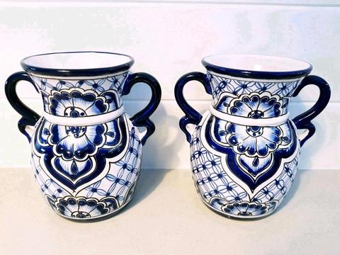 2 x Blue & White Mexican Jars - Vases