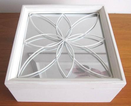 Large White Decorative Mirrored Wooden Box with Floral Detail