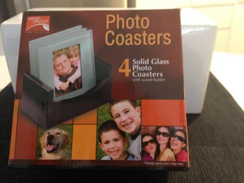 4 SOLID GLASS PHOTO COASTERS WITH WOOD HOLDER BY SARAH PAYTON