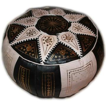 Moroccan leather pouff in Black &beige woth golden work